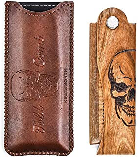 Menesia Men's Pocket Comb,Folding Wooden Beard Comb with Leather Travel Case,Green Sandalwood Hair Combs Set for Men(Skeleton)