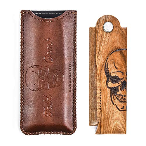 Menesia Men's Pocket Comb,Folding Wooden Beard Comb with Leather Travel Case,Green Sandalwood Hair Combs Set for Men(Skeleton)