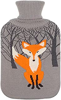 Large 2 Liter Soft Cute Hot Water Bottle Knit Cover - ONLY Cover (2 L, Gray with Fox)