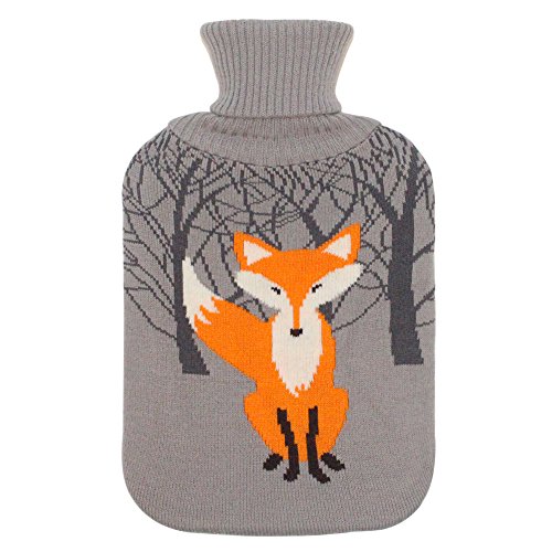 Large 2 Liter Soft Cute Hot Water Bottle Knit Cover - ONLY Cover (2 L, Gray with Fox)