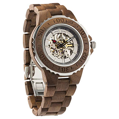 Wilds Premium Mens Wooden Watch - Automatic Movement - Self Winding Mechanical Wood Watches Watch for Men - No Battery Replacement for Life - Fit to Any Wrist Size- Men Gift Idea for Any Occasion