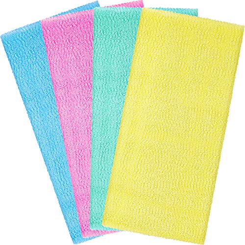 Boao 4 Pieces Beauty Skin Bath Wash Towel Exfoliating Bath Cloth Magic Shower Washcloth for Body 35 Inches (Blue, Pink, Yellow, Green)