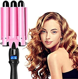 3 Barrel Curling Iron Wand Hair Crimper with LCD Temp Display, 1 Inch Ceramic Tourmaline Triple Barrels, Temperature Adjustable Portable Hair Waver Heats Up Quickly (Pink)