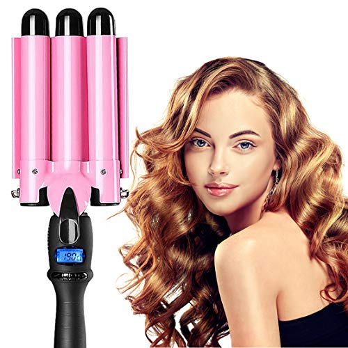 3 Barrel Curling Iron Wand Hair Crimper with LCD Temp Display, 1 Inch Ceramic Tourmaline Triple Barrels, Temperature Adjustable Portable Hair Waver Heats Up Quickly (Pink)