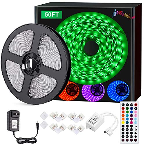 Zawino LED Strip Lights 50 ft for Bedroom, RGB LED Light Strips with Remote, 4 Music Synch Mode, 24V Dimmable Color Changing Tape with 5050 LED, 15M Flexible Colored Strip Lighting for Home Decoration