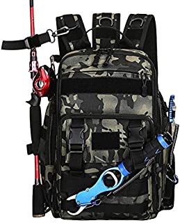 Thekuai Fishing Tackle Backpack Storage Bag Outdoor Shoulder Backpack Waterproof Cross Body Sling Bag Fishing Gear Bag with Rod Holder (Green Camo)