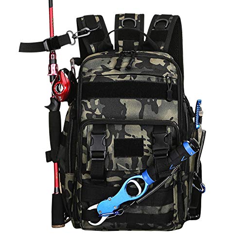 Thekuai Fishing Tackle Backpack Storage Bag Outdoor Shoulder Backpack Waterproof Cross Body Sling Bag Fishing Gear Bag with Rod Holder (Green Camo)