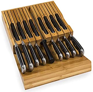 In-Drawer Bamboo Knife Block Holds 16 Knives (Not Included) Without Pointing Up PLUS a Slot for your Knife Sharpener! Noble Home & Chef Knife Organizer Made from Quality Moso Bamboo