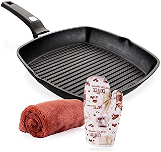 Griddle Aluminum Nonstick Stove Top Square Grill Pan,Chef Quality Perfect for Meats Steaks Fish And Vegetables,Dishwasher Safe,11 inch, Black By Moss & Stone (Comes With a Special Cloth And Gloves)