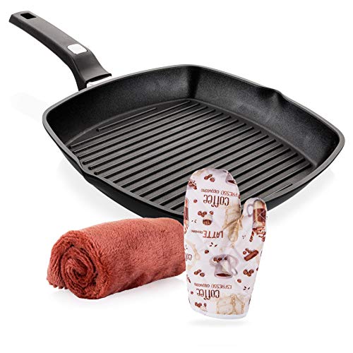 Griddle Aluminum Nonstick Stove Top Square Grill Pan,Chef Quality Perfect for Meats Steaks Fish And Vegetables,Dishwasher Safe,11 inch, Black By Moss & Stone (Comes With a Special Cloth And Gloves)