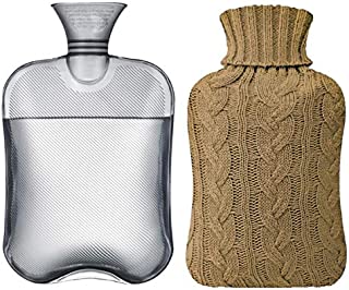 Samply Transparent Hot Water Bottle- 2 Liter Water Bag with Knitted Cover, Khaki