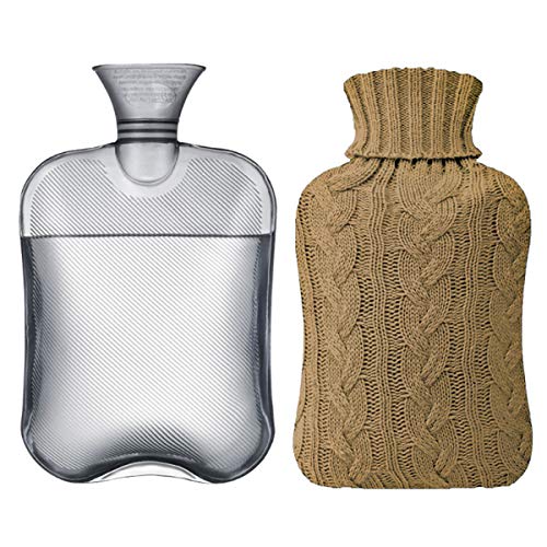 Samply Transparent Hot Water Bottle- 2 Liter Water Bag with Knitted Cover, Khaki