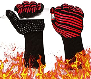 932 Extreme Heat Resistant Gloves, Silicone Oven Mitts for Kitchen - High Heat BBQ Gloves for Grilling, Large Oven Gloves for Men, Long Grill Gloves for Cooking, Grilling Mitts (Normal, Red)