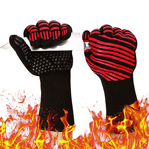 932 Extreme Heat Resistant Gloves, Silicone Oven Mitts for Kitchen - High Heat BBQ Gloves for Grilling, Large Oven Gloves for Men, Long Grill Gloves for Cooking, Grilling Mitts (Normal, Red)