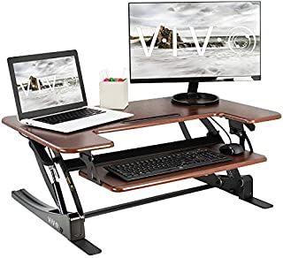 VIVO Dark Wood Height Adjustable 36 inch Stand Up Desk Converter, Quick Sit to Stand Tabletop Dual Monitor Riser Workstation, DESK-V000VD