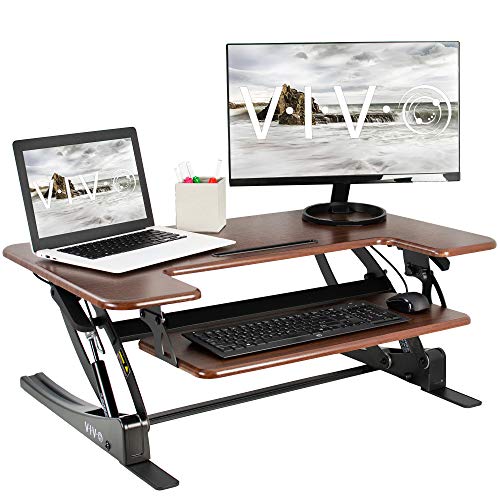 VIVO Dark Wood Height Adjustable 36 inch Stand Up Desk Converter, Quick Sit to Stand Tabletop Dual Monitor Riser Workstation, DESK-V000VD