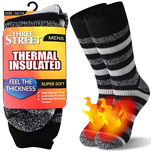 Men's Extremes Cold Weather Boot Socks, Three street Thermal Socks Ultra Warm Boot Heavy Boot Mens Work Outdoor Thermal Winter Socks Insulated Socks Back to School Gift Black White Stripe 1 Pair