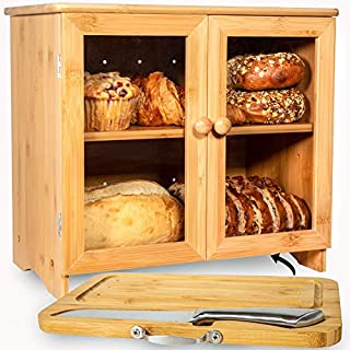 Luv UR Kitchen Large Bamboo Bread Box For Kitchen Countertop, Comes With Thick Bamboo Cutting Board And Stainless Steel Bread Knife. Rustic Bamboo Bread Box With Adjustable Shelf. (easy Self-assembly)
