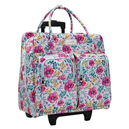 Everything Mary Deluxe Portable Rolling Sewing Machine Case, Spring Floral - Carrying Travel Tote Bag for Brother, Singer, & Most Machines - Storage Cart with Wheels for Supplies & Accessories