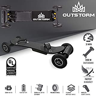 OUTSTORM 31MPH Off Road Electric Skateboard  3300w Motorized Mountain Longboard with Dual Motors - 11 Layers, All-Terrain, 4 Wheels, Remote Controlled High Speed Board