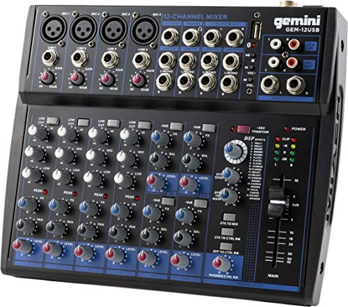 Gemini Sound Professional Audio Equipment GEM-12USB Compact Rotary 12 Channels Live Sound Music Podcast Bluetooth USB DJ Mixers with 3 Band EQ, 4 Mic Inputs