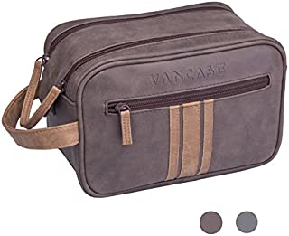 Travel Toiletry Bag for Men, Vancase Vintage Leather Dopp Kit, Large Waterproof Shaving bags, Portable Bathroom Organizer with Connected Zipper Puller (Brown)