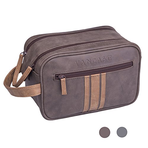 Travel Toiletry Bag for Men, Vancase Vintage Leather Dopp Kit, Large Waterproof Shaving bags, Portable Bathroom Organizer with Connected Zipper Puller (Brown)