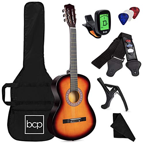 Best Choice Products 38in Beginner All Wood Acoustic Guitar Starter Kit w/Case, Strap, Digital Tuner, Pick, Strings - Sunburst