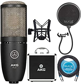 AKG P220 Large-Diaphragm Condenser Microphone for Vocal Recording Bundle with Blucoil Pop Filter Windscreen, and 10-FT Balanced XLR Cable