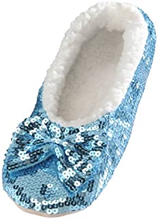 Snoozies Ballerina Bling Metallic Shine Women Slippers | Sequin House Slippers for Women | Slipper Socks with Grippers for Women | Cute Slippers for Women | Blue | X-Large