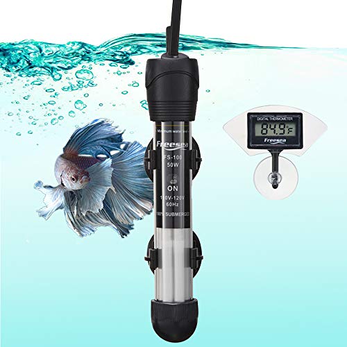 FREESEA Aquarium Fish Tank Heater: 50 Watt Adjustable Thermostat with 2 Suction Cups & Thermometer for Betta Tank | Saltwater Tank | Aquarium | Coral Tank