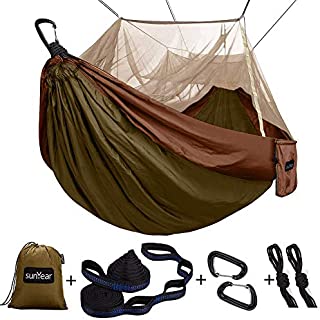 Single & Double Camping Hammock with Mosquito Net, 10ft Hammock Tree Straps & Carabiners | Easy Assembly | Portable Parachute Nylon Hammock for Camping, Backpacking, Survival, Travel & More