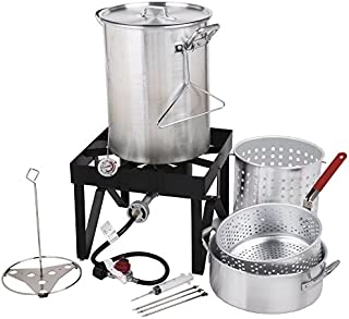 COLIBROX Backyard Pro Deluxe 30 qt Aluminum Turkey Fryer Steamer Kit | 55000 BTU Cast Iron Liquid Burner | for Barbecues Fair Clam Bake Pot Heavy Duty 20lbs Capacity | Ideal for Outdoor Propane Coo