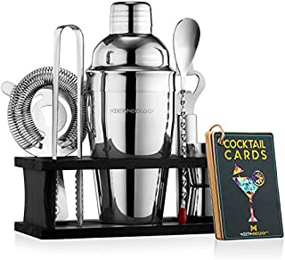 Mixology Bartender Kit with Stand | Bar Set Cocktail Shaker Set for Drink Mixing - Bar Tools: Martini Shaker, Jigger, Strainer, Bar Mixer Spoon, Tongs, Opener | Best Bartender Kit for Beginners