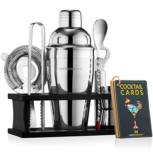 Mixology Bartender Kit with Stand | Bar Set Cocktail Shaker Set for Drink Mixing - Bar Tools: Martini Shaker, Jigger, Strainer, Bar Mixer Spoon, Tongs, Opener | Best Bartender Kit for Beginners