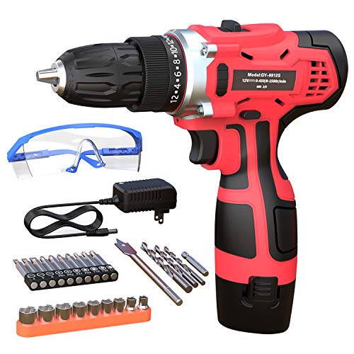 GardenJoy 12V Max Power Cordless Drill Electric Impact Driver/Drill Kit with 2 Variable Speed0-1500) 3/8'' Keyless Chuck 24+1 Torque Setting Fast Charger and Accessories tools for Home Improvement