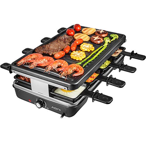 AONI Electric Raclette Grill Smokeless Party Grill Electric BBQ Grill with Non-Stick Grilling Surface, 1200W Temperature Control, Dishwasher Safe, Serve the whole family