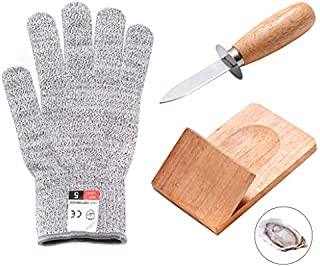 3-Piece Oyster Knife Shucker Set, Wood-handle Oyster Shucking Knife, Cut Resistant Gloves and Oyster Shucking Clamp, Kit Tools for Oyster Clam Shellfish Seafood