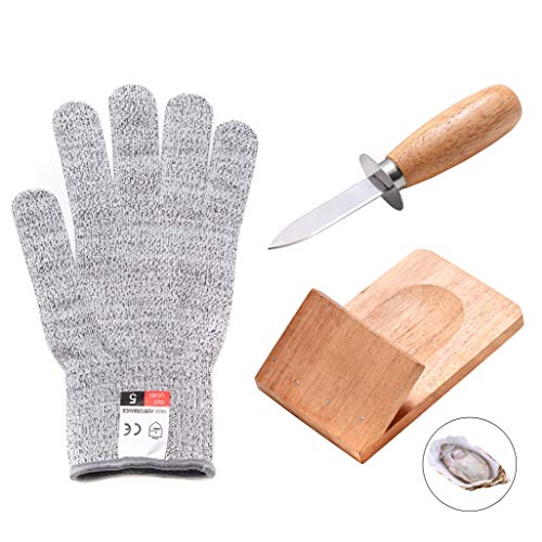 3-Piece Oyster Knife Shucker Set, Wood-handle Oyster Shucking Knife, Cut Resistant Gloves and Oyster Shucking Clamp, Kit Tools for Oyster Clam Shellfish Seafood