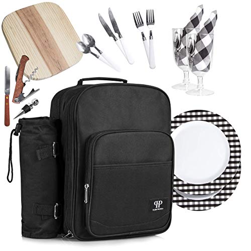 Plush Picnic - 2 Person Picnic Backpack/Picnic Basket with Cooler Compartment, Detachable Bottle/Wine Holder, Fleece Blanket, Plates and Cutlery Set