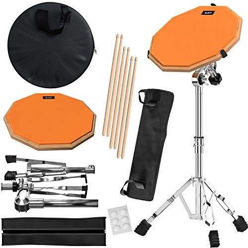 Practice Pad & Snare Stand Bundle - Drum Pad Double Sided with Drumsticks and Drum Stand for Four Inch Snare Drum With Two Different Surfaces for Drum Practice - Silent Drum Double Sided Practice Pad