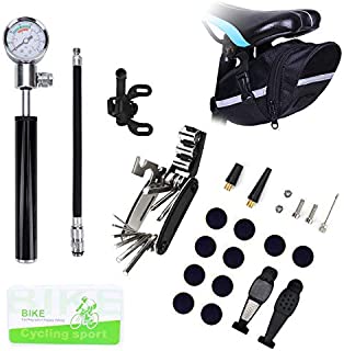 Bike Tire Repair Tool Kit with Mini Gauge Hand Pump, Including 210PSI Bicycle Air Pump Fit Schrader Presta, 16 in 1 Multi Bicycle Fix Tools, Tire Puncture Repair Kit and One Cycling Seat Pack