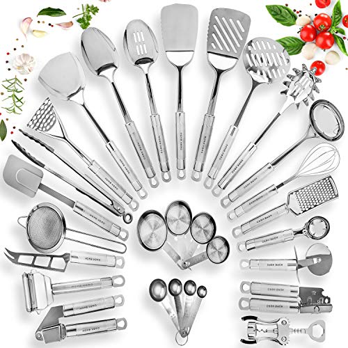 HOME HERO Stainless Steel Kitchen Utensil Set - 29 Cooking Utensils - Nonstick Kitchen Utensils Cookware Set with Spatula - Best Kitchen Gadgets Kitchen Tool Set Gift