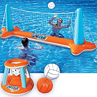 Inflatable Pool Float Set Volleyball Net & Basketball Hoops; Balls Included for Kids and Adults Swimming Game Toy, Floating, Summer Floaties, Volleyball Court (105x28x35)|Basketball (27x23x27).