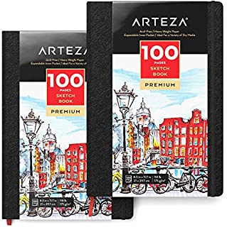Arteza 8.3x11.7 Inch Sketch Book, Pack of 2, 100 Pages per Pad, 118lb/175gsm, Hardcover Journals with Bookmark Ribbon, Expandable Inner Pocket, and Elastic Strap, Art Supplies for Dry Media