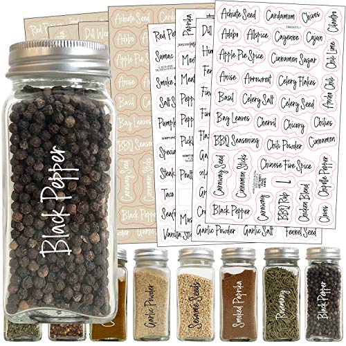 Talented Kitchen 272 Script Spice Label Combo  272 Black & White Preprinted Labels: Most Common Spice Names in 2 Letter Colors on Clear Stickers. Waterproof, Spice Jar Labels Spice Rack Organization