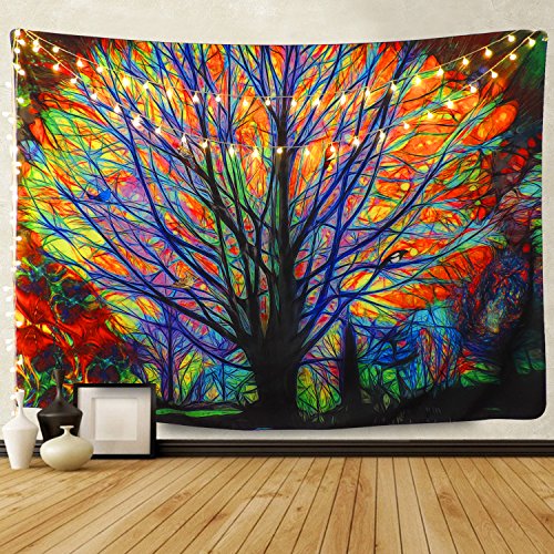 BLEUM CADE Colorful Tree Tapestry Wall Hanging Psychedelic Forest with Birds Wall Tapestry Bohemian Mandala Hippie Tapestry for Bedroom Living Room Dorm