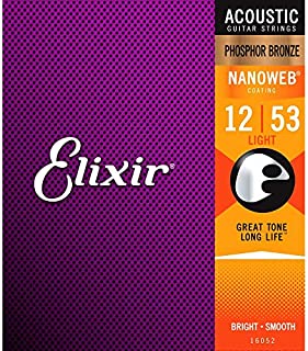 Elixir 16052 Strings Phosphor Bronze Acoustic Guitar Strings w NANOWEB Coating, Light (.012-.053)