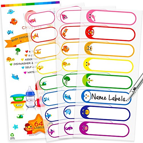 Baby Bottle Labels for Daycare, Self-Laminating, Waterproof Write-On Name Labels, Assorted Sizes & Colors, Pack of 64