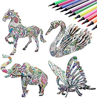 3D Coloring Puzzle Set,4 Animals Puzzles with 12 Pen Markers, Art Coloring Painting 3D Puzzle for Kids Age 7 8 9 10 11 12. Fun Creative DIY Toys Gift for Girls and Boy (Toy, 4PACK)